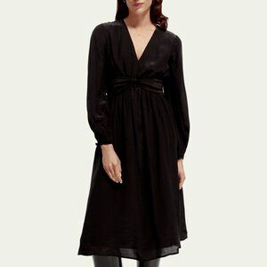 Scotch & Soda Long-Sleeved V-Neck Belted Midi Dress New